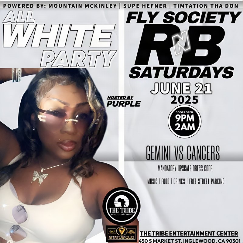 Event flyer: All-White Party · Fly Society R&B Saturdays