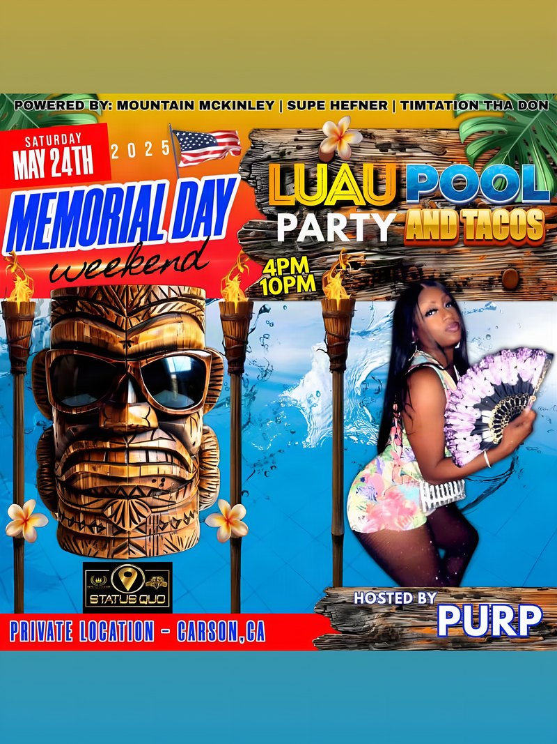 Event flyer: Memorial Day Luau Pool Party