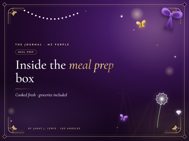 Four Mz Purple hibachi meal prep boxes on a wooden table