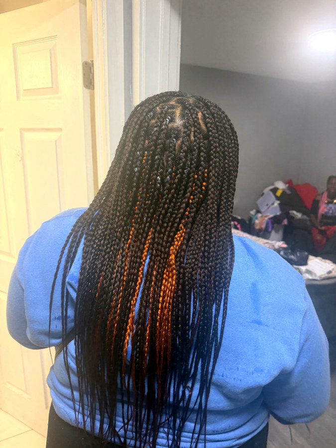 Knotless braids with copper strands, back view